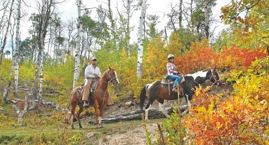 Reporter April Clark and guide Jason Bair ride horseback through fall foliage